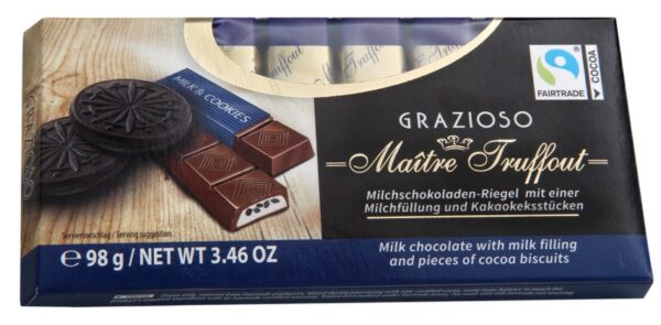 Grazioso milk chocolate with milk cream and cocoa biscuit pieces 98g